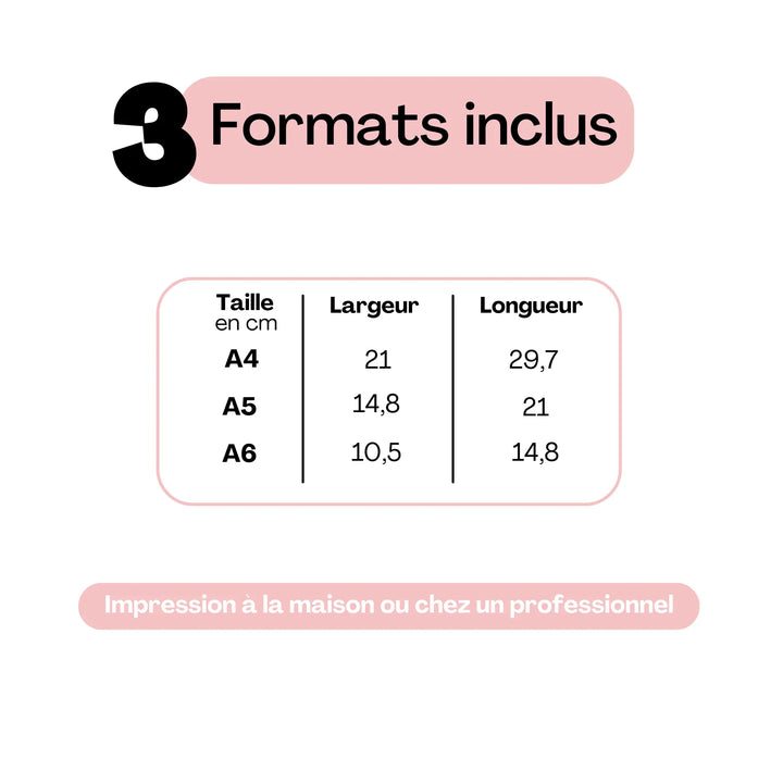 Formats inclus pour le jeu des 12 mois mariage – A4, A5 et A6, impression possible à la maison ou chez un professionnel