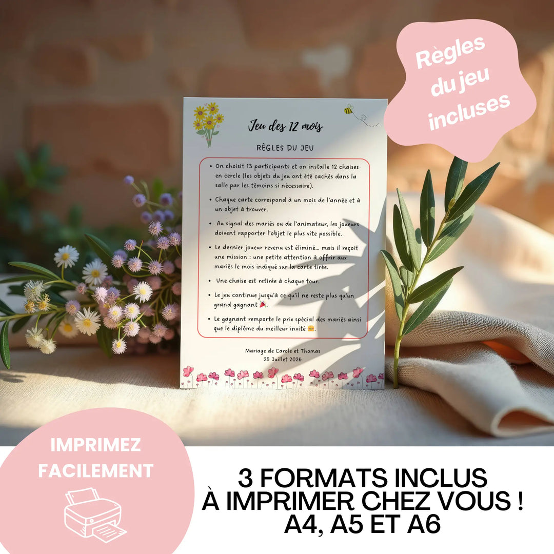 Jeu des 12 mois mariage : règles du jeu imprimables en formats A4, A5 et A6, modèle personnalisable à télécharger et imprimer facilement