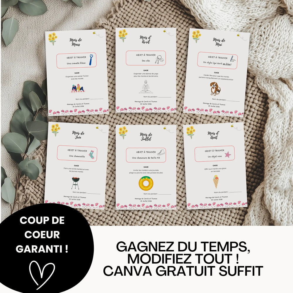 Pack jeu des 12 mois mariage à personnaliser sur Canva : 6 cartes à imprimer avec objets à trouver et gages amusants pour animer la soirée des mariés