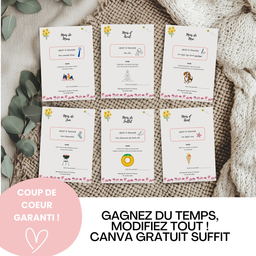 Pack jeu des 12 mois mariage à personnaliser sur Canva : 6 cartes à imprimer avec objets à trouver et gages amusants pour animer la soirée des mariés