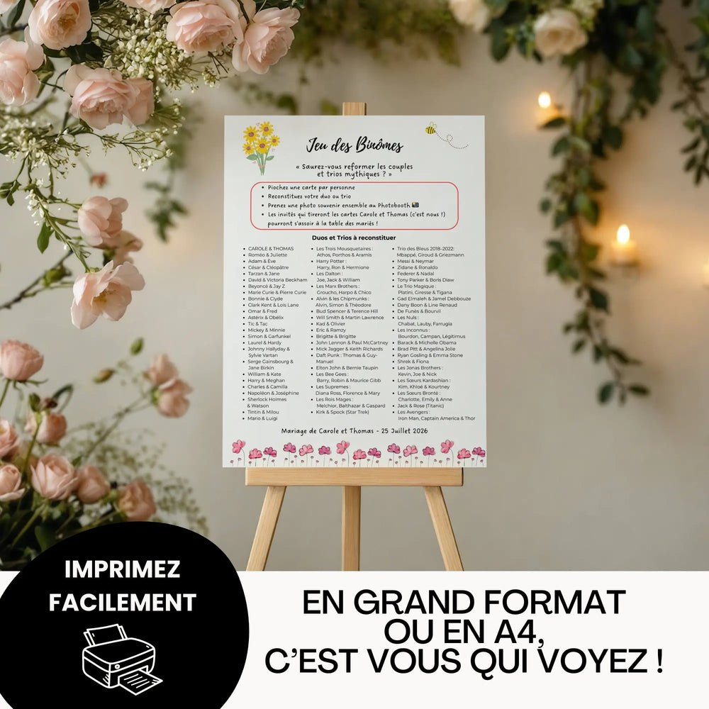 Affiche du jeu des binômes mariage à imprimer en grand format ou A4 – activité ludique pour animer la soirée des invités