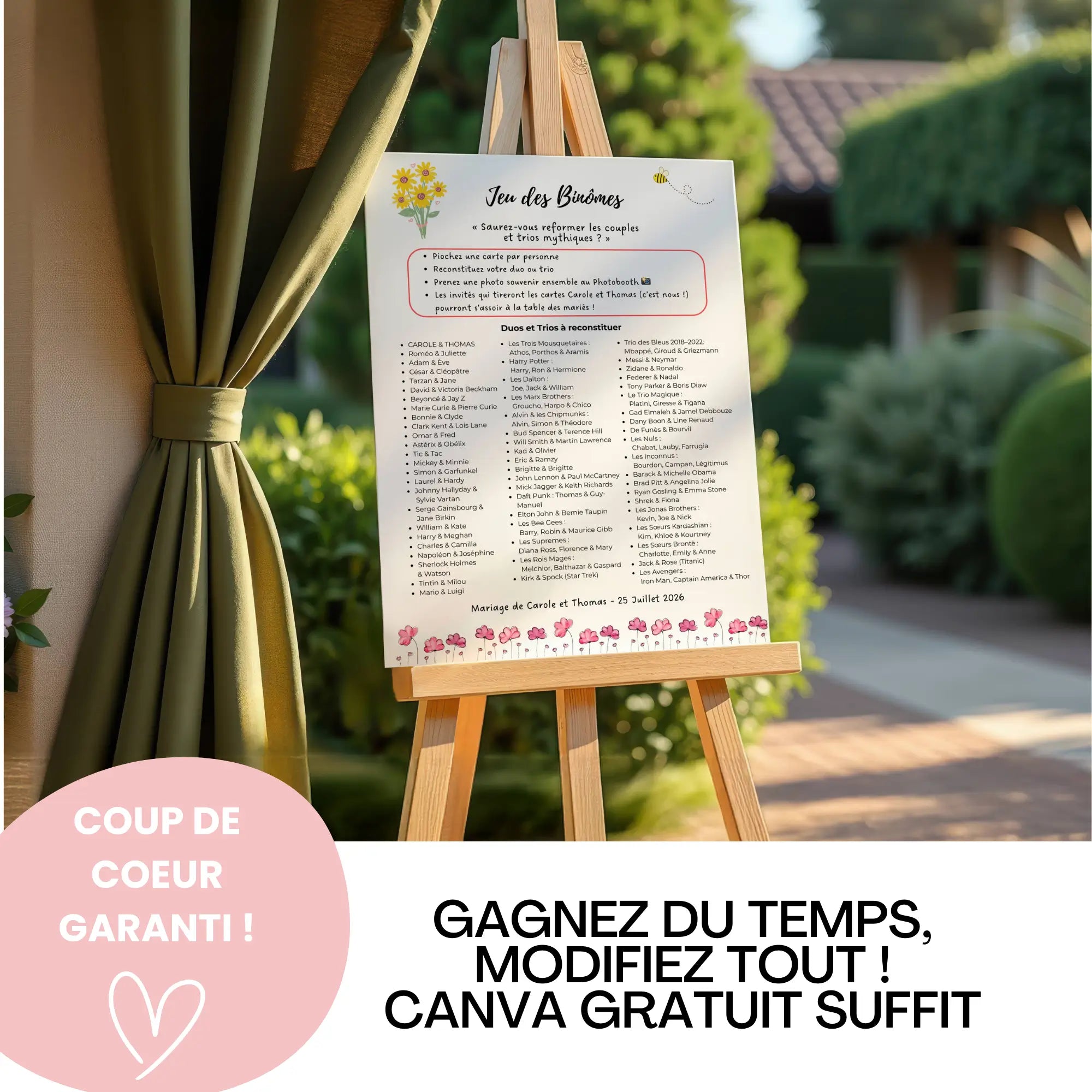 Jeu des binômes mariage à personnaliser sur Canva – affiche prête à imprimer pour animer votre réception