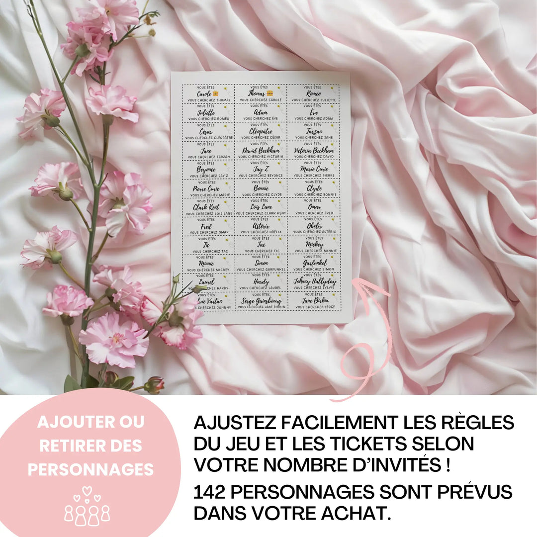 Cartes du jeu des binômes mariage à imprimer et personnaliser – jusqu’à 142 personnages pour s’adapter à vos invités