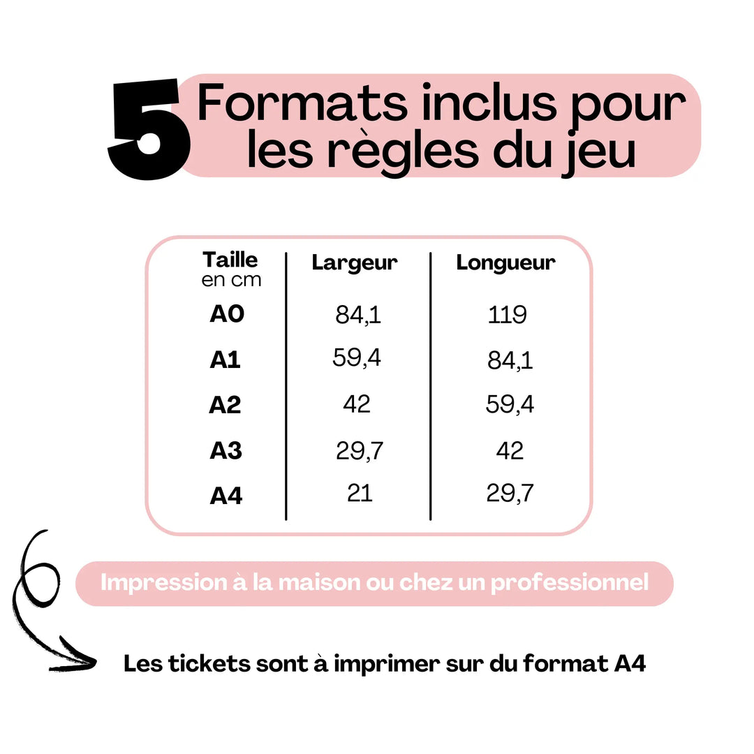 Formats inclus pour le jeu des binômes mariage – règles disponibles en A0, A1, A2, A3 et A4, tickets à imprimer sur du format A4