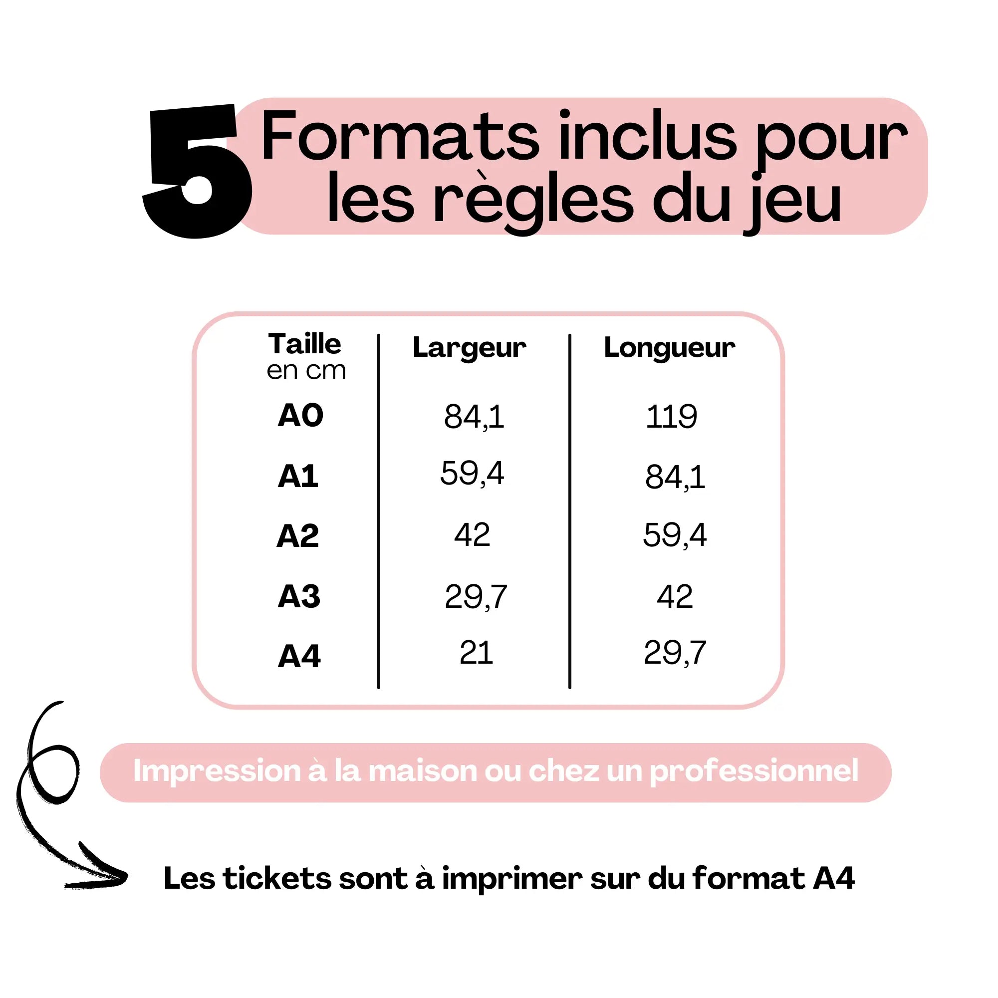 Formats inclus pour le jeu des binômes mariage – règles disponibles en A0, A1, A2, A3 et A4, tickets à imprimer sur du format A4
