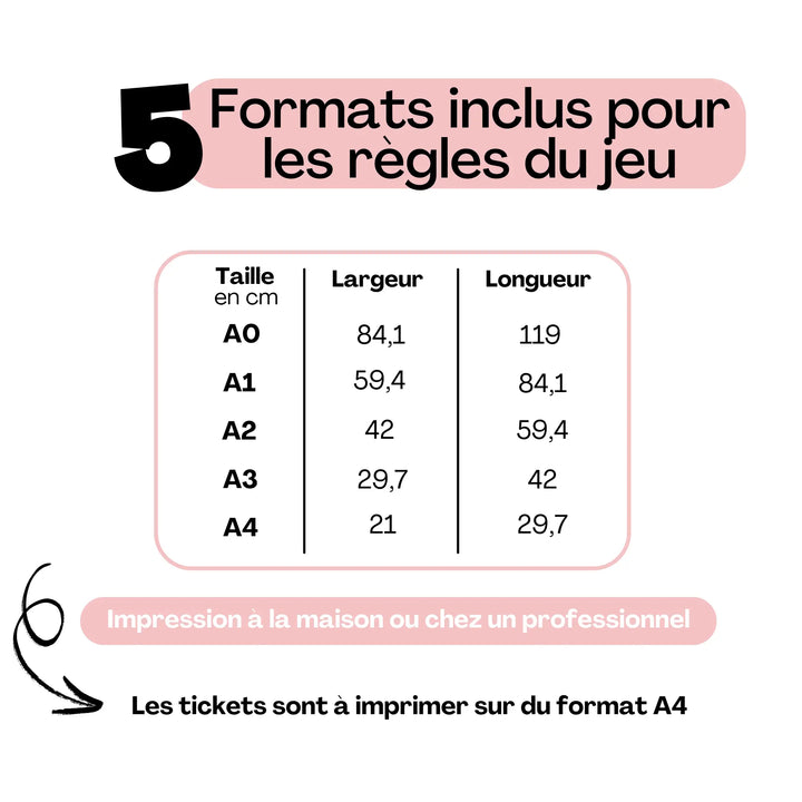 Formats inclus pour le jeu des binômes mariage – règles disponibles en A0, A1, A2, A3 et A4, tickets à imprimer sur du format A4