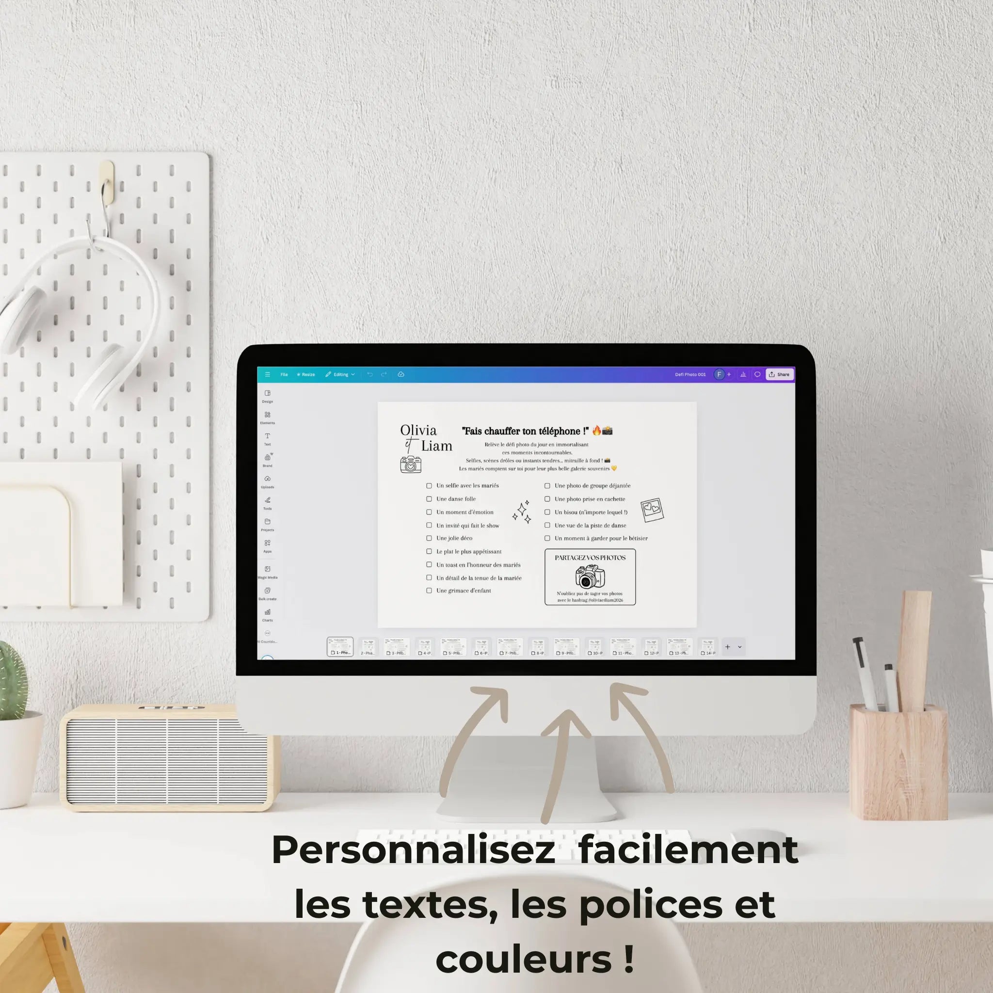 Interface Canva présentant un modèle de défi photo spécial mariage avec checklist  et illustrations vintage dans un environnement de bureau minimaliste