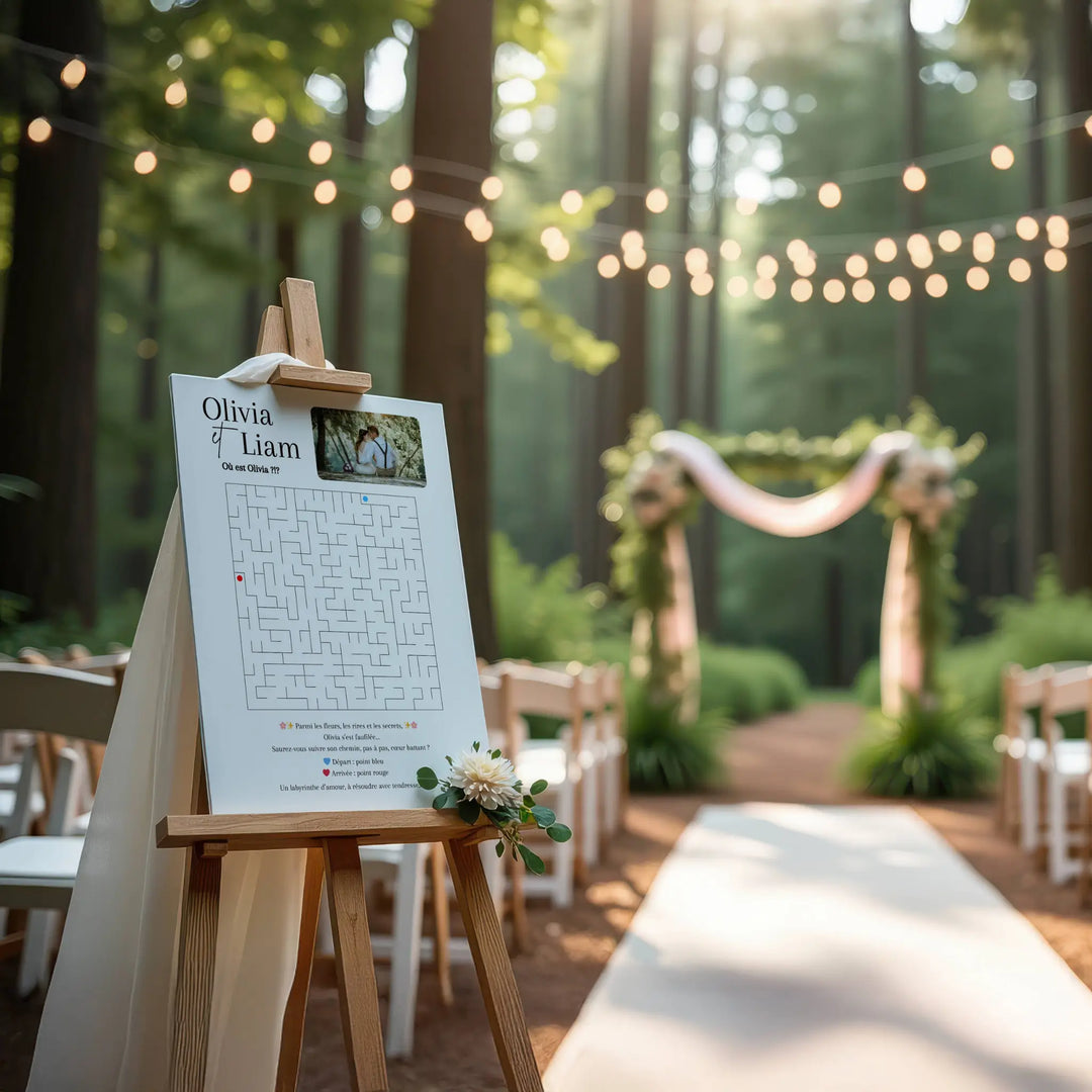 Affiche de jeu labyrinthe de mariage personnalisée sur chevalet en bois, décorée de fleurs, installée dans une allée de cérémonie en forêt avec arche fleurie en arrière-plan et guirlande lumineuse suspendue.