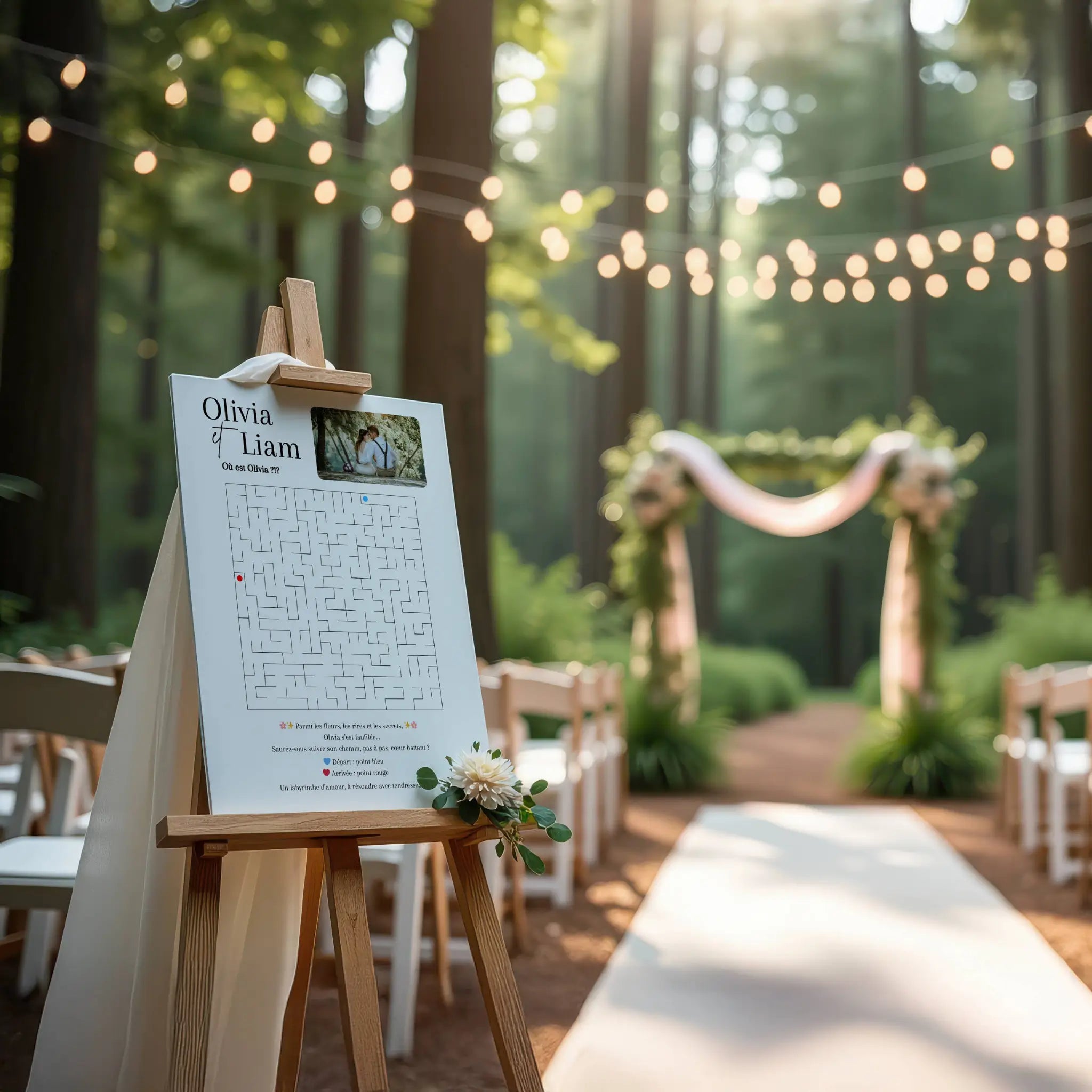 Affiche de jeu labyrinthe de mariage personnalisée sur chevalet en bois, décorée de fleurs, installée dans une allée de cérémonie en forêt avec arche fleurie en arrière-plan et guirlande lumineuse suspendue.