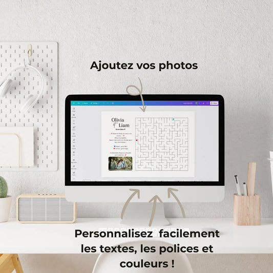 Écran d'ordinateur montrant un template Canva modifiable avec design de labyrinthe mariage et cadre photo