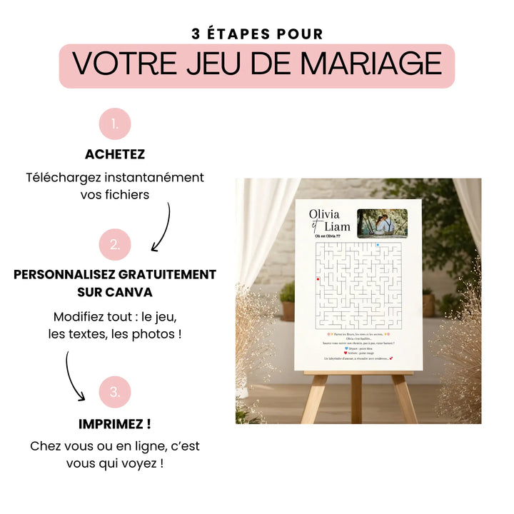Affiche de jeu de labyrinthe de mariage personnalisée  présentée sur un chevalet de réception, avec un encart explicatif « 3 étapes pour votre jeu de mariage » : 1. Achetez, 2. Personnalisez sur Canva, 3. Imprimez. Décor bohème avec rideaux crème et feuillages.