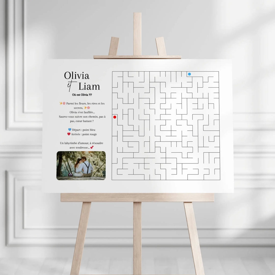 Affiche de jeu de labyrinthe de mariage personnalisée  posée sur chevalet en bois, avec départ bleu et arrivée rouge à relier sur une grande grille, style jeu ludique pour invité. Décor élégant minimaliste, ambiance chic de réception.