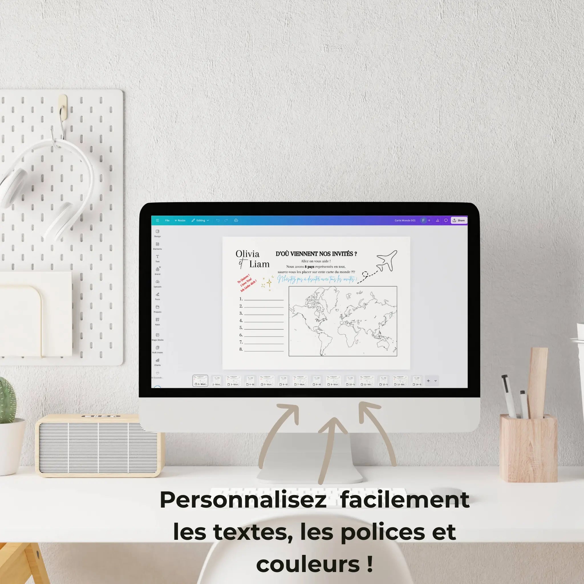 Jeu de mariage d’où viennent nos invités, carte du monde personnalisable sur Canva.