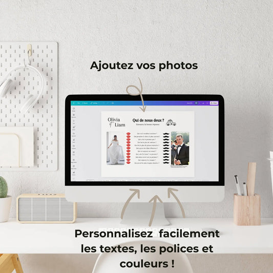 Design Canva éditable présentant un questionnaire de couple avec emplacements personnalisables et motifs graphiques sur workspace épuré
