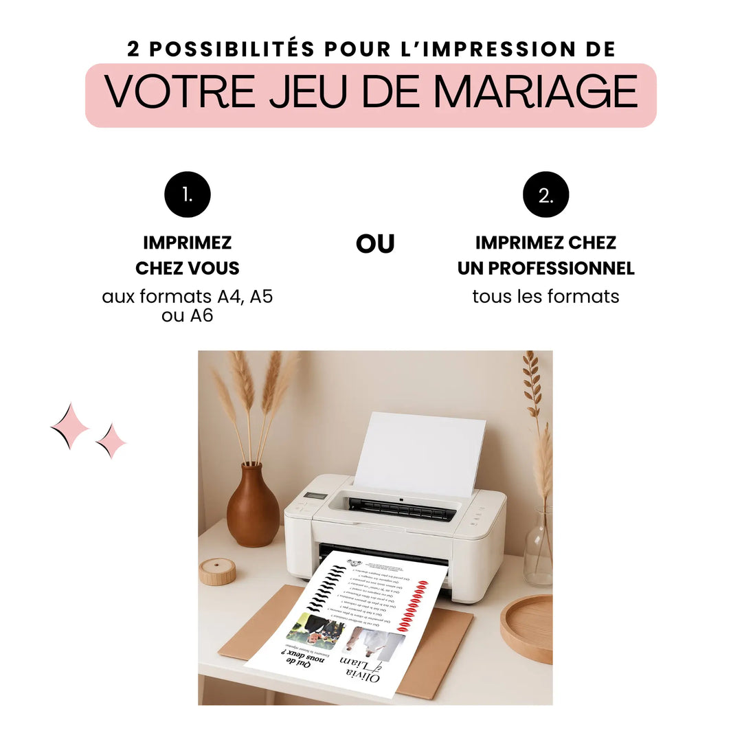 Affiche au style moderne expliquant 2 options d’impression d’un jeu de mariage. En haut, on lit le titre « 2 possibilités pour l’impression de votre jeu de mariage » sur un bandeau rose. À gauche : option 1 « Imprimez chez vous » aux formats A4, A5 ou A6, à droite : option 2 « Imprimez chez un professionnel » tous les formats. En dessous, photo d’une imprimante domestique posée sur un bureau beige avec une feuille jeu de mariage personnalisée à sortir.