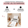 Charger l'image dans la visionneuse de la galerie, Imprimante à domicile imprimant une fiche de jeu de mariage “Le Jeu des Prédictions”, avec texte expliquant les options d’impression.
