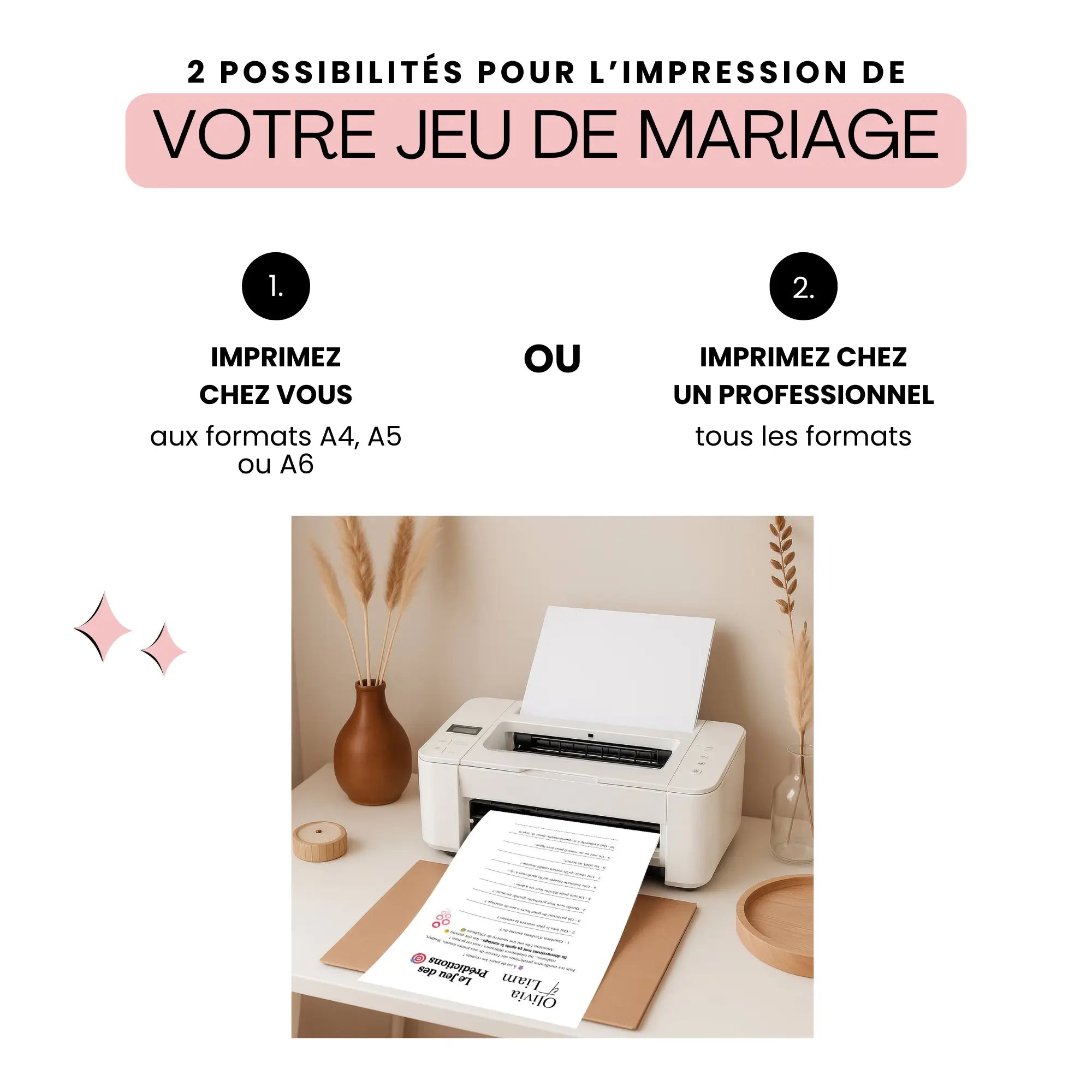 Imprimante à domicile imprimant une fiche de jeu de mariage “Le Jeu des Prédictions”, avec texte expliquant les options d’impression.