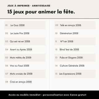 Aperçu des 15 jeux d'anniversaire année 2008 inclus dans le pack, personnalisables sur Canva