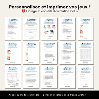 Grille complète des 15 fiches de jeux d'anniversaire homme personnalisables sur Canva