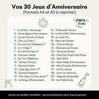 Liste des 30 jeux d'anniversaire homme inclus dans le pack, formats A4 et A5 à imprimer