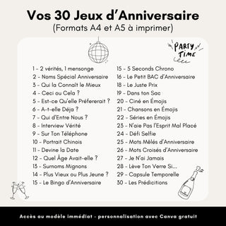 Vos 30 jeux d'anniversaire femme, liste complète des jeux inclus dans le pack à imprimer