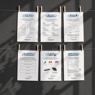 Mockup de fiches de jeux d'anniversaire homme personnalisables, thème bleu, présentées sur fil suspendu