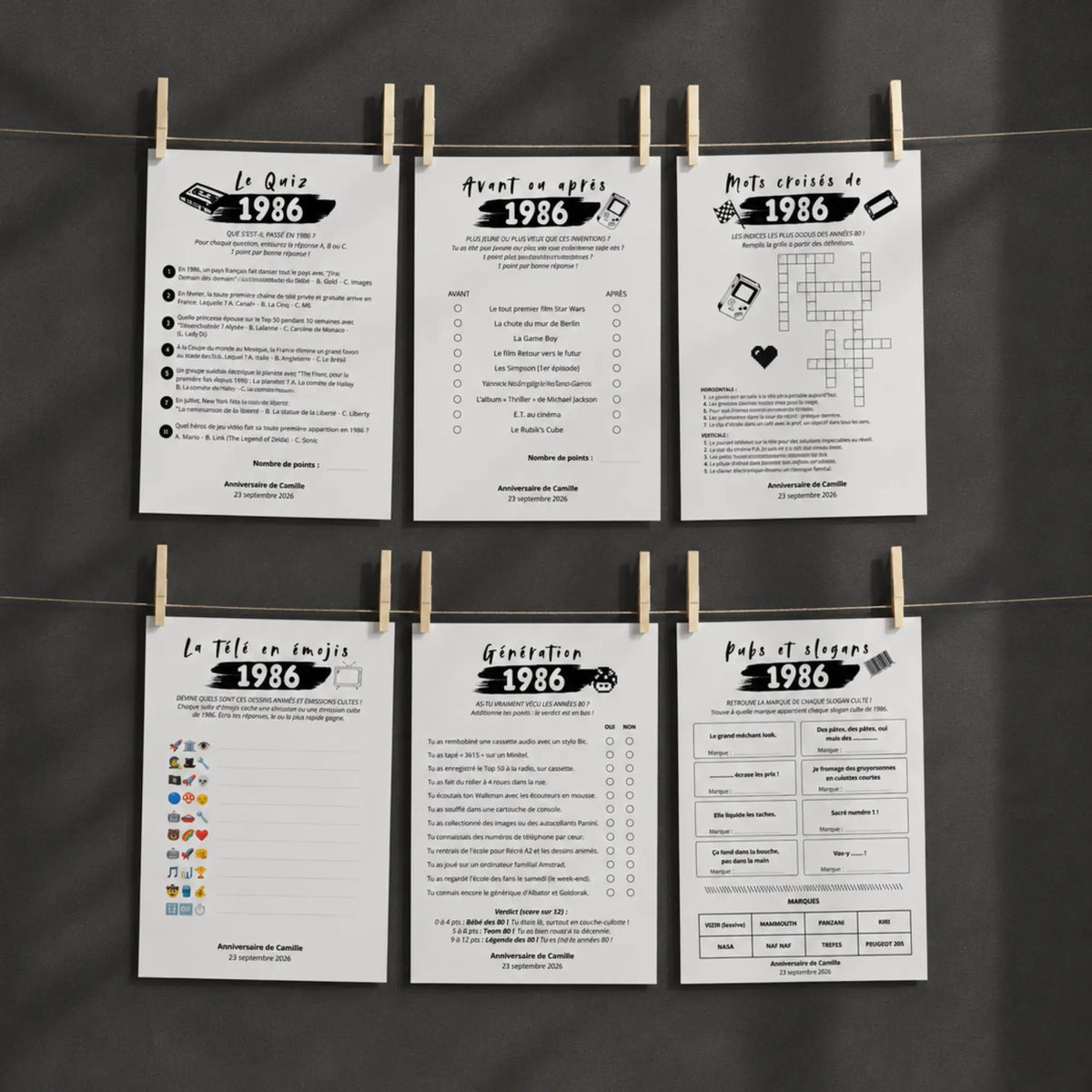 Jeux d'anniversaire année 1986 à imprimer, plusieurs fiches (quiz, avant ou après, mots croisés...) suspendues sur un fil