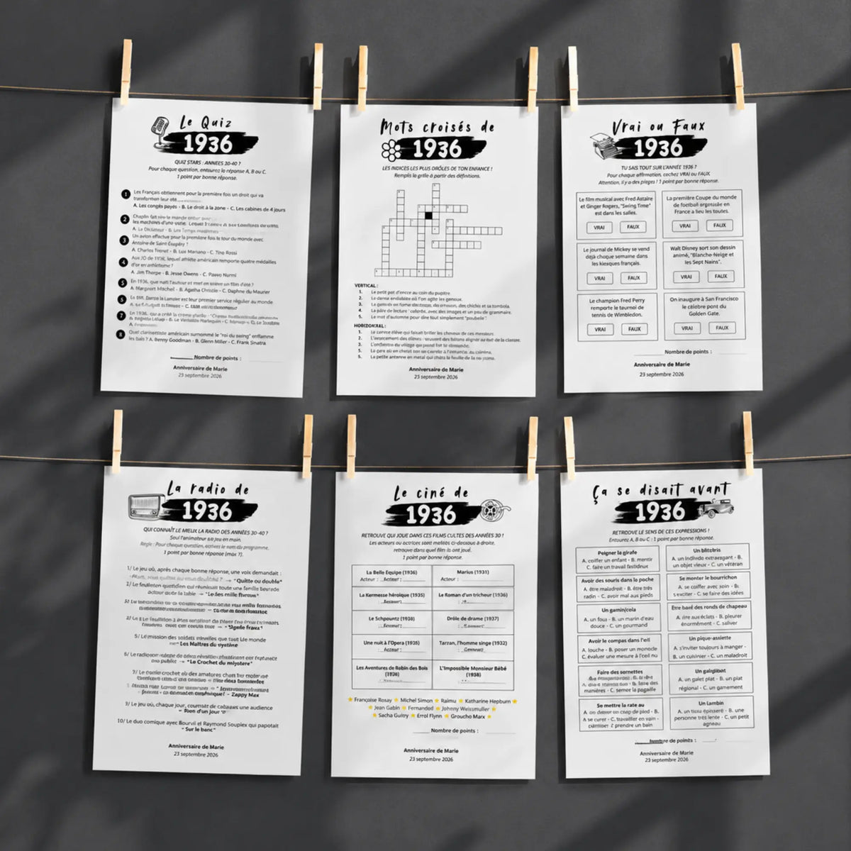 Aperçu des 15 jeux d'anniversaire année 1936 inclus dans le pack, personnalisables sur Canva