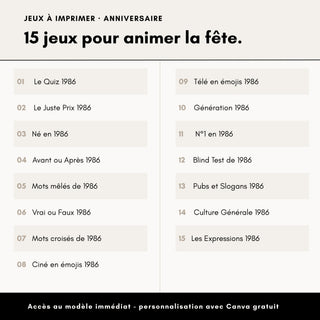 Aperçu des 15 jeux d'anniversaire année 1986 inclus dans le pack, personnalisables sur Canva