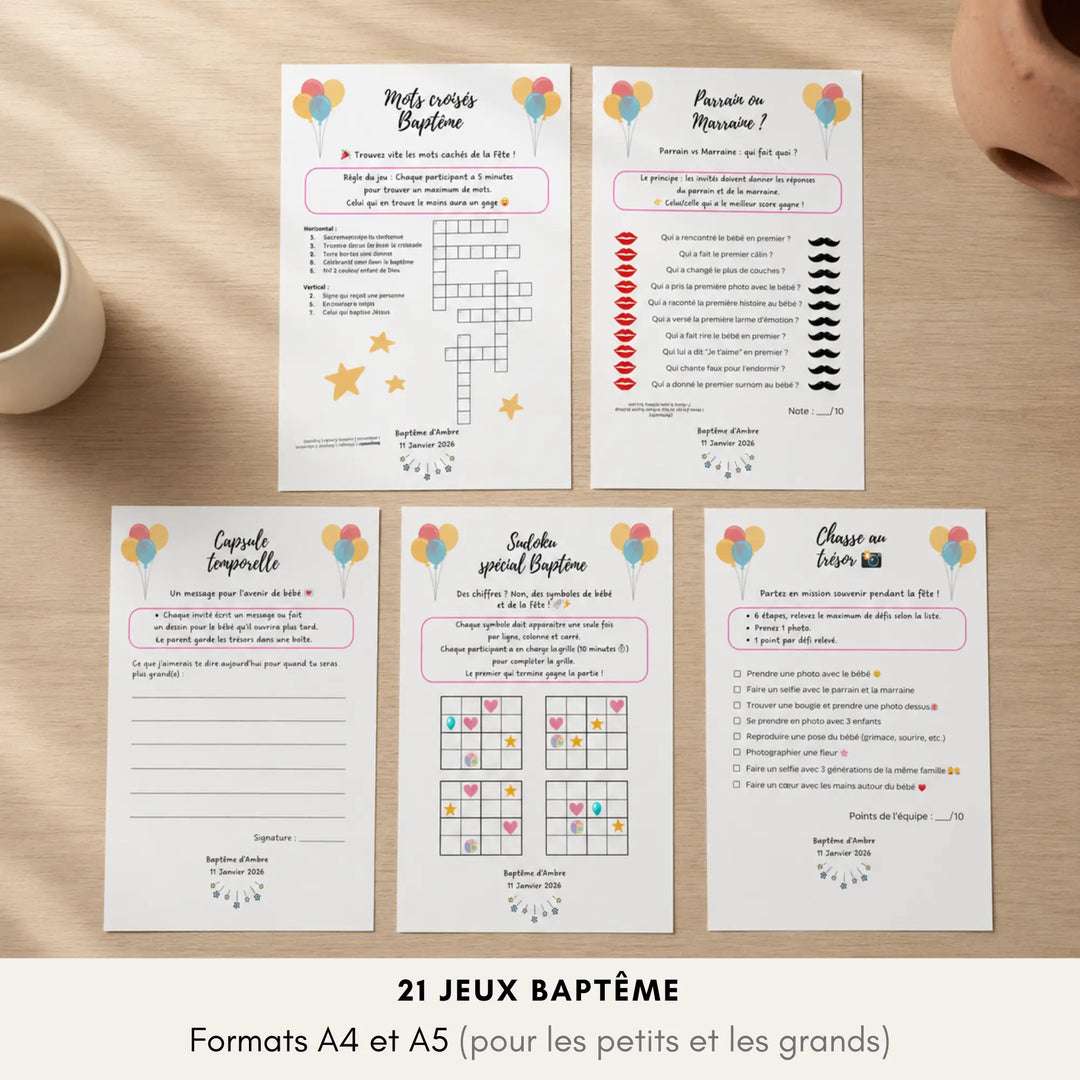 Détails du pack jeux baptême personnalisables, 21 jeux à imprimer pour petits et grands.