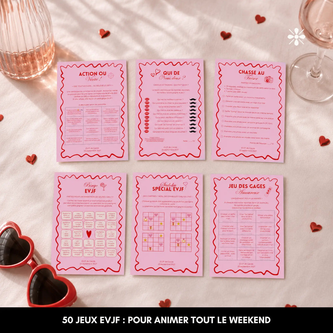 Six jeux EVJF personnalisés imprimés et étalés : action ou vérité, bingo, sudoku et jeu des gages.