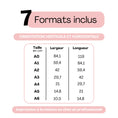 Charger l'image dans la visionneuse de la galerie, Infographie détaillant les dimensions des formats  pour les jeux à imprimer personnalisables : papier A0 à A6 avec tableau de mesures en centimètres sur fond rose pastel
