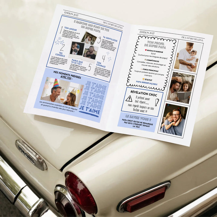 Photo du journal personnalisé anniversaire papa avec jeux, quiz, photos. Une gazette cadeau unique pour son père.