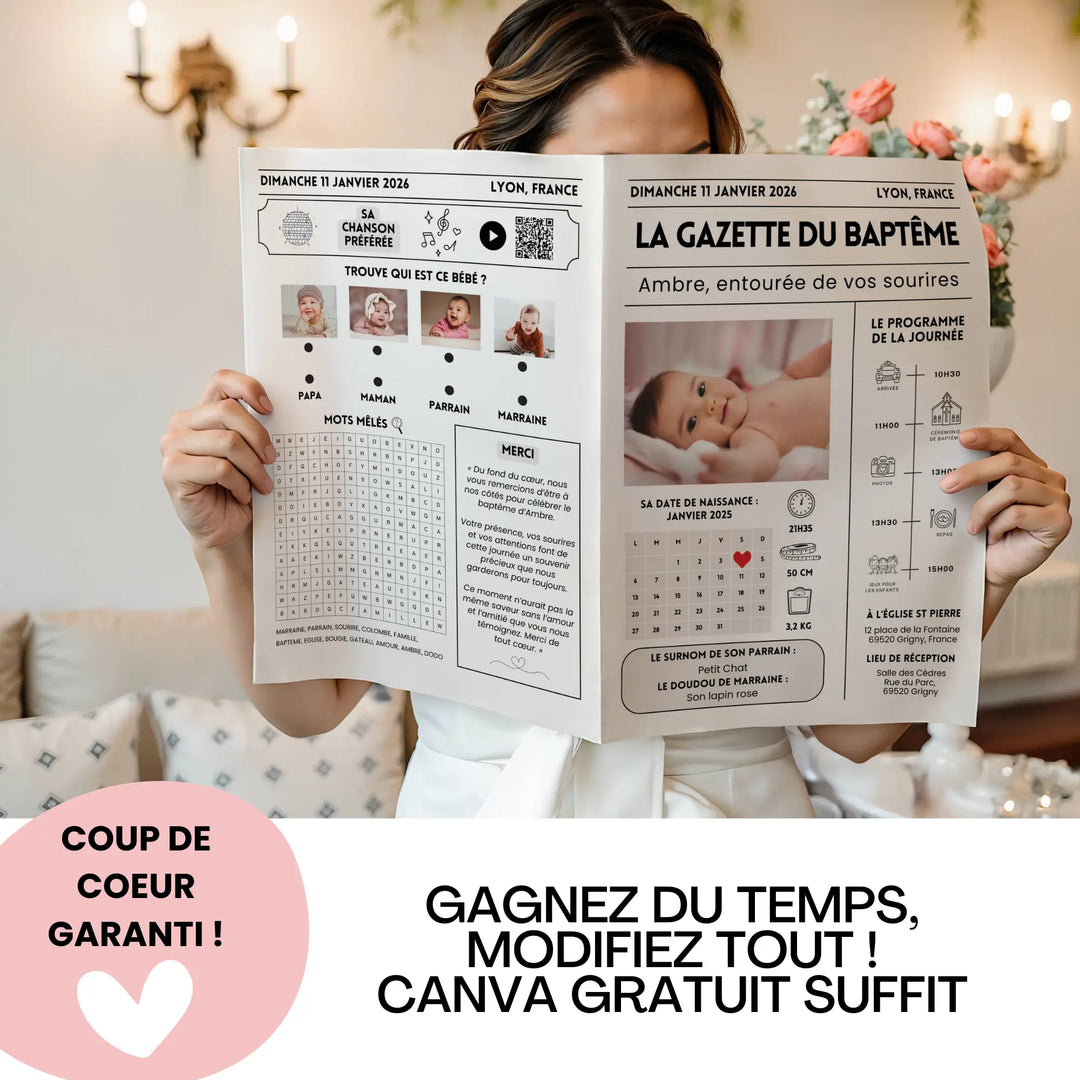 Gazette baptême personnalisée avec qr code, programme, photos du bébé, modifiable avec Canva gratuit.
