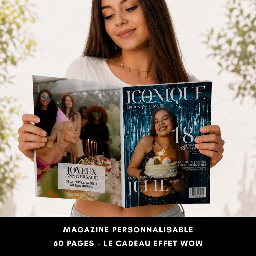 Magazine Iconique personnalisable, modèle Canva pour organiser un anniversaire 18 ans
