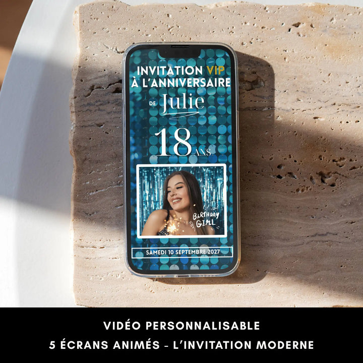Invitation vidéo VIP personnalisable sur smartphone pour un anniversaire 18 ans