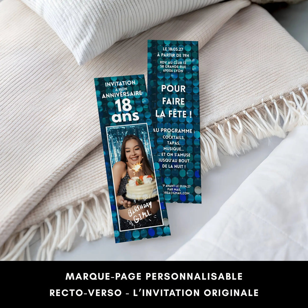 Marque-page invitation personnalisé recto-verso pour organiser un anniversaire 18 ans