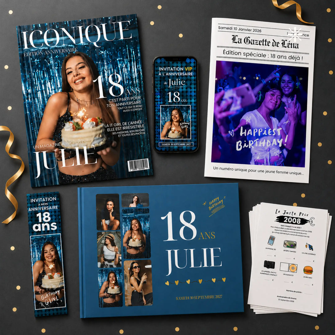 Kit anniversaire 18 ans personnalisable : magazine, gazette, livre d&