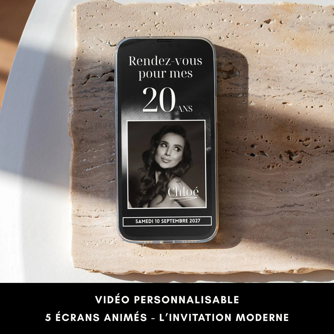Invitation vidéo personnalisable pour organiser un anniversaire 20 ans sur smartphone