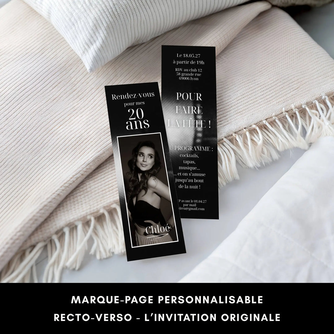 Marque-page invitation personnalisé recto-verso pour organiser un anniversaire 20 ans
