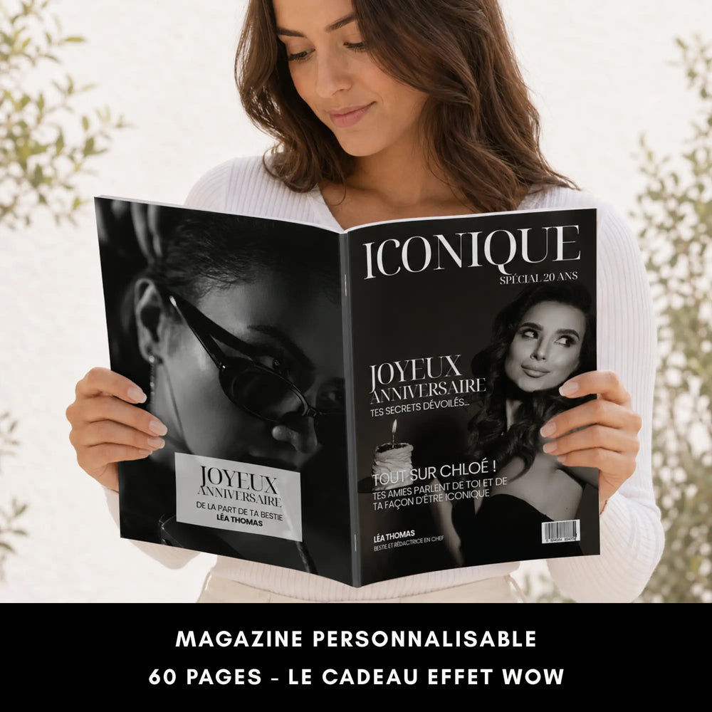 Magazine Iconique en noir personnalisable, modèle Canva anniversaire 20 ans