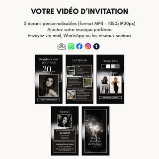 Vidéo d'invitation personnalisable, 5 écrans, pour organiser un anniversaire 20 ans
