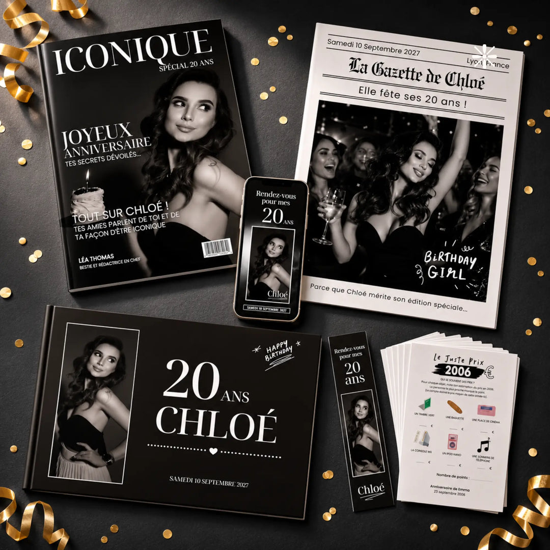 Kit anniversaire 20 ans personnalisable : magazine, gazette, livre d'or, invitation