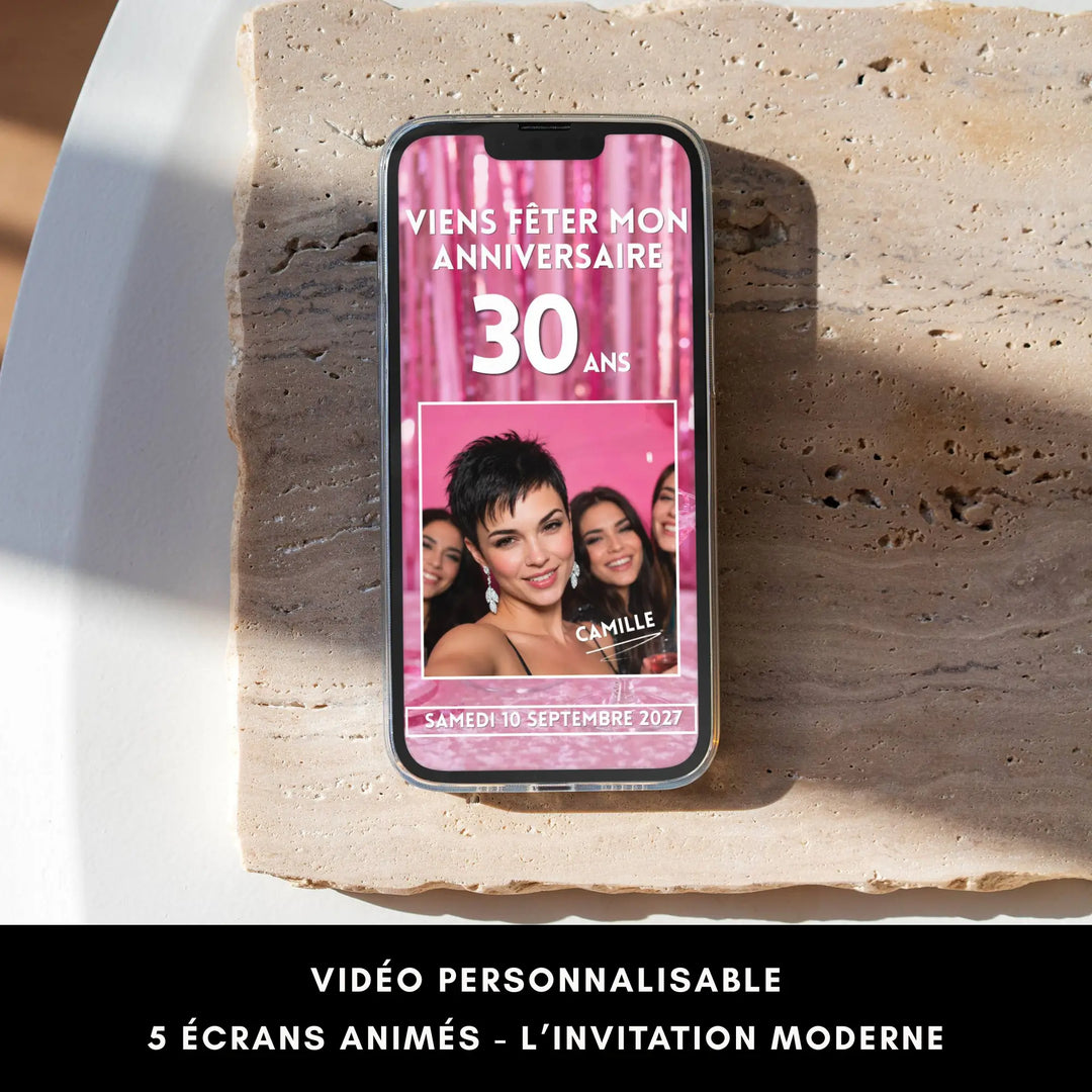 Invitation digitale personnalisable anniversaire 30 ans sur smartphone