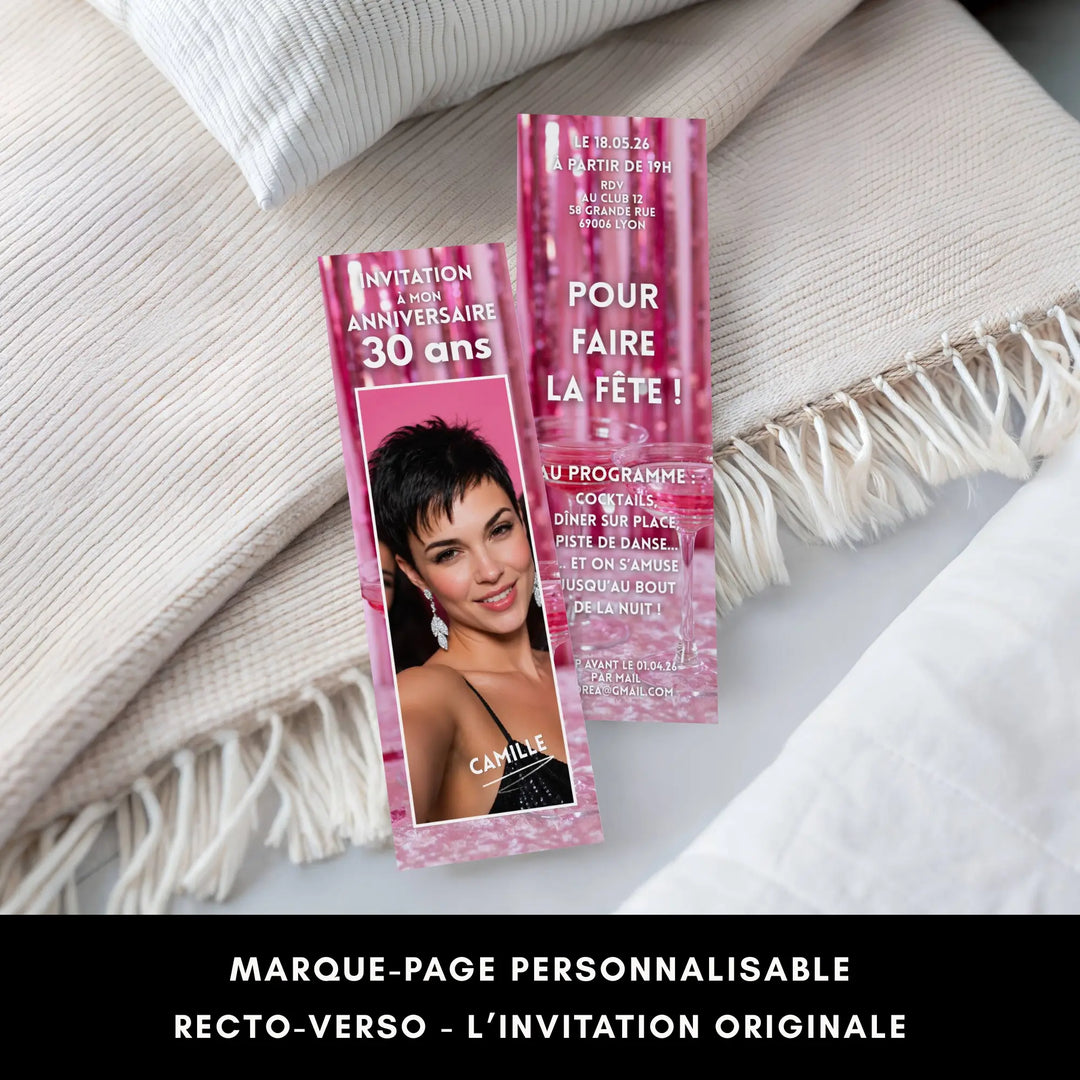 Marque-page invitation personnalisable anniversaire 30 ans recto-verso