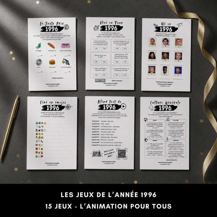 Jeux anniversaire 30 ans personnalisables, année 1996, pack de 15 jeux