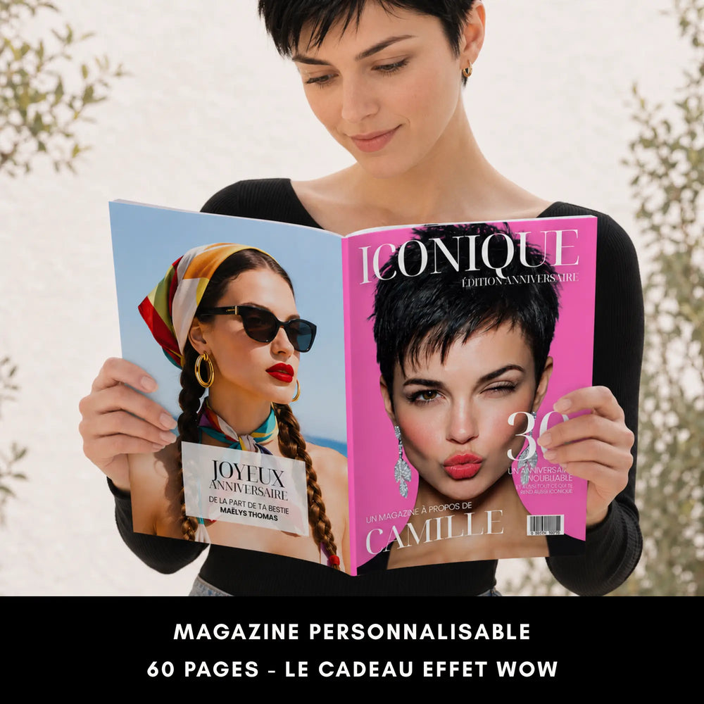 Magazine Iconique personnalisable, modèle Canva pour organiser un anniversaire 30 ans