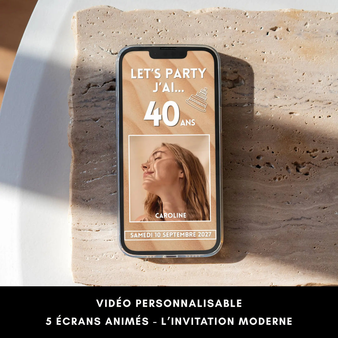 Invitation digitale personnalisable anniversaire 40 ans sur smartphone