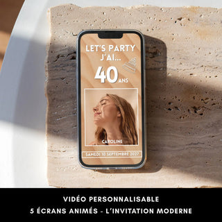 Invitation digitale personnalisable anniversaire 40 ans sur smartphone