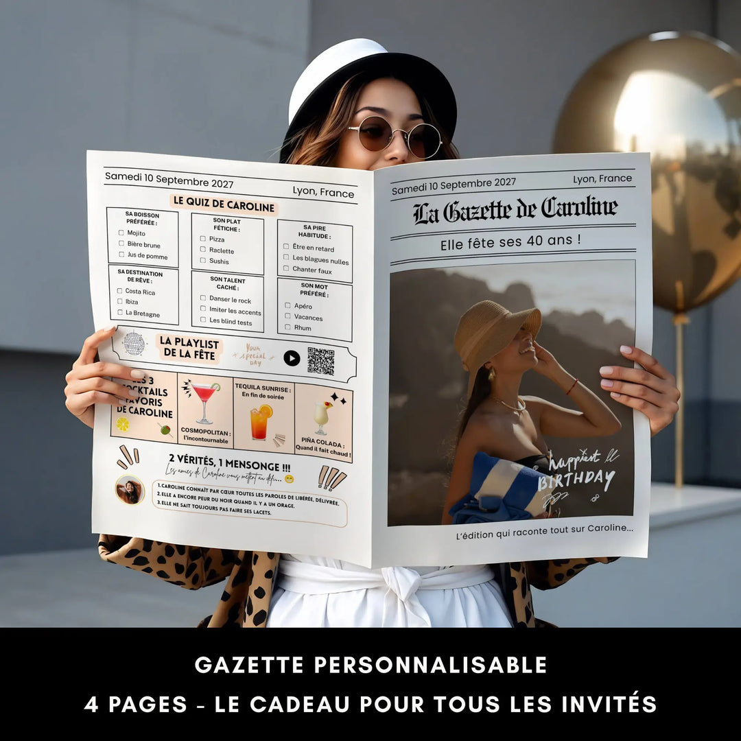 Femme tenant et lisant la Gazette personnalisable 4 pages d&